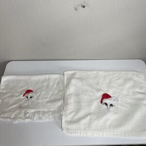 Vintage R.A. Briggs White Cat in Santa Hat 2 Hand Towels Christmas Decor